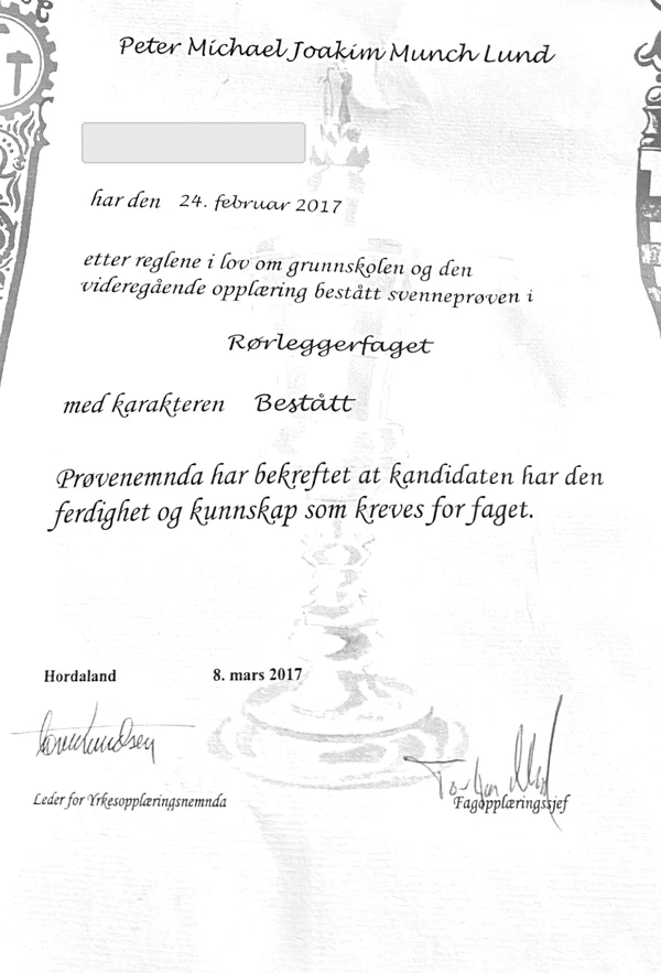 Svennebrev som viser at Peter Lund har bestått svenneprøven i rørleggerfaget